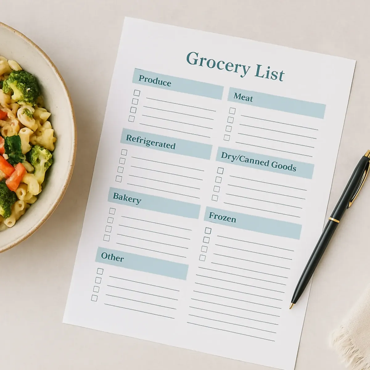 Printable grocery list and weekly dinner menu for busy families and moms.