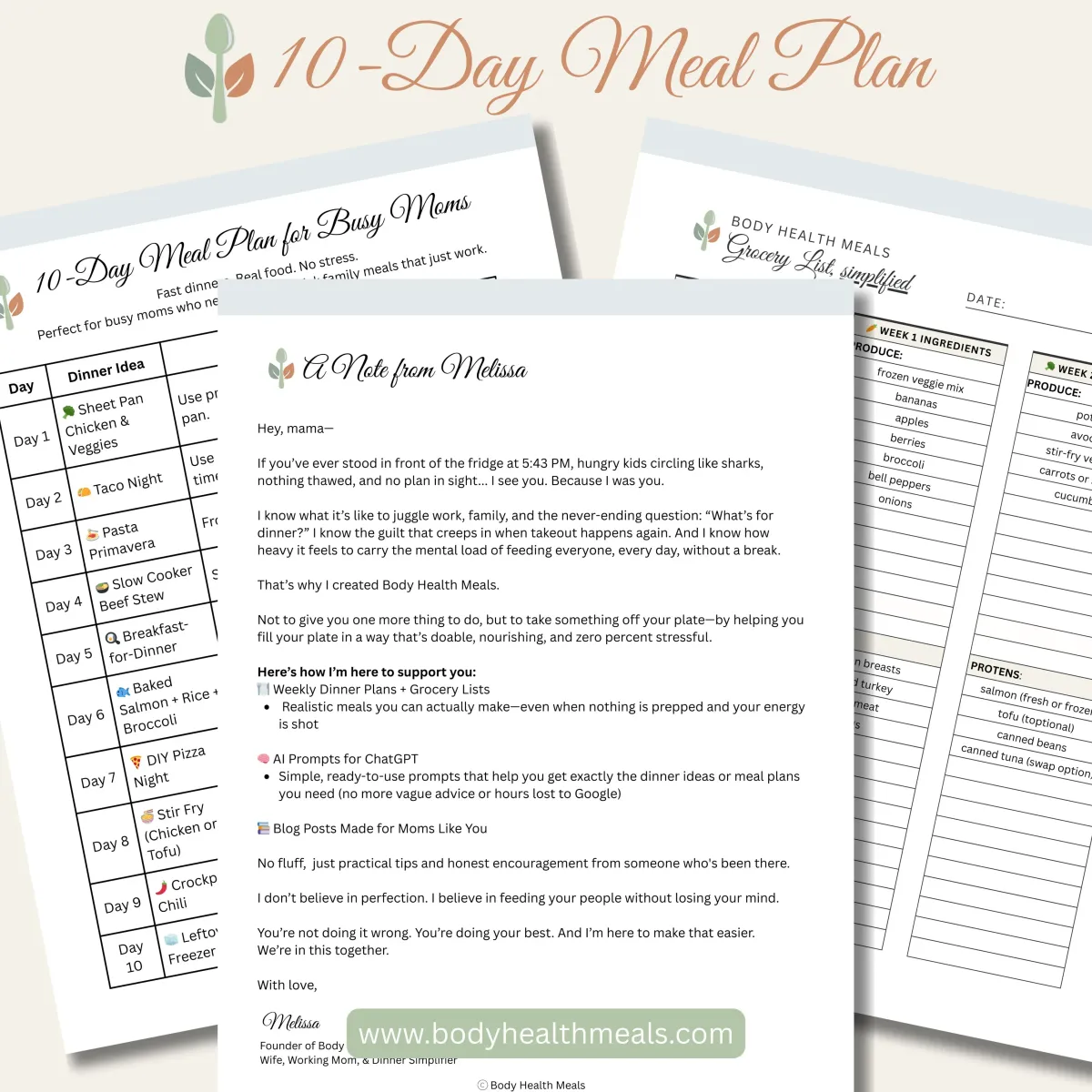 Printable 10-day meal plan for busy moms with grocery list included