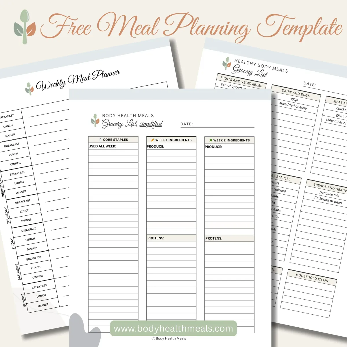 Free downloadable meal planning template with grocery list and meal planner pages for busy moms, offering a simple solution to dinner stress.