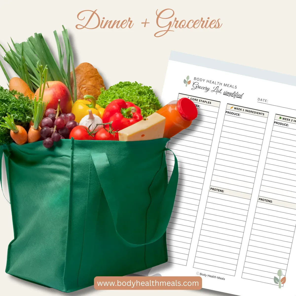 Weekly dinner menu and grocery list subscription for busy moms