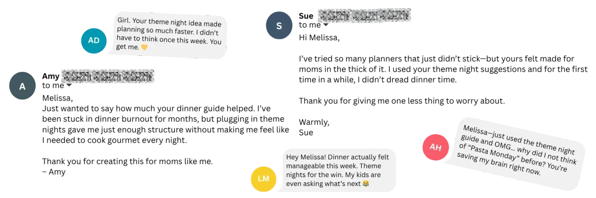 Testimonials from real moms sharing how theme-night dinner planning made family meals easier, reduced burnout, and brought joy back to the dinner table.