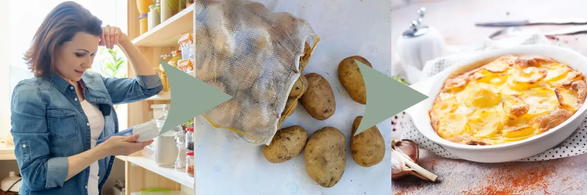 Busy mom checking pantry inventory with potatoes transitioning into a cooked family dinner, showing how pantry staples become easy meals.