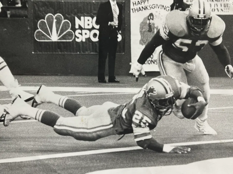 Black and white football action shot