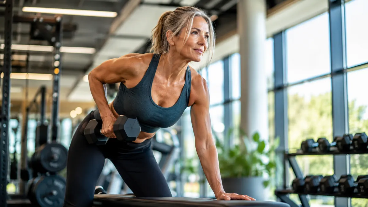 Fit older woman lifts weights at the gym. 
