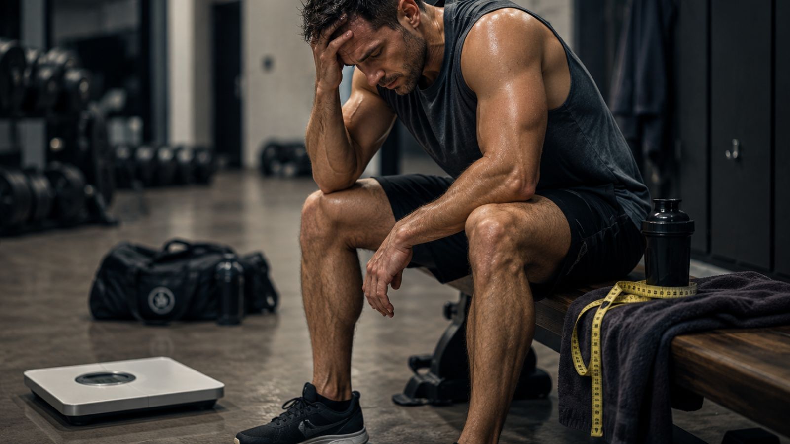 Fit man sitting exhausted on a gym bench beside a body weight scale and measuring tape, illustrating the physical toll of losing weight too quickly.