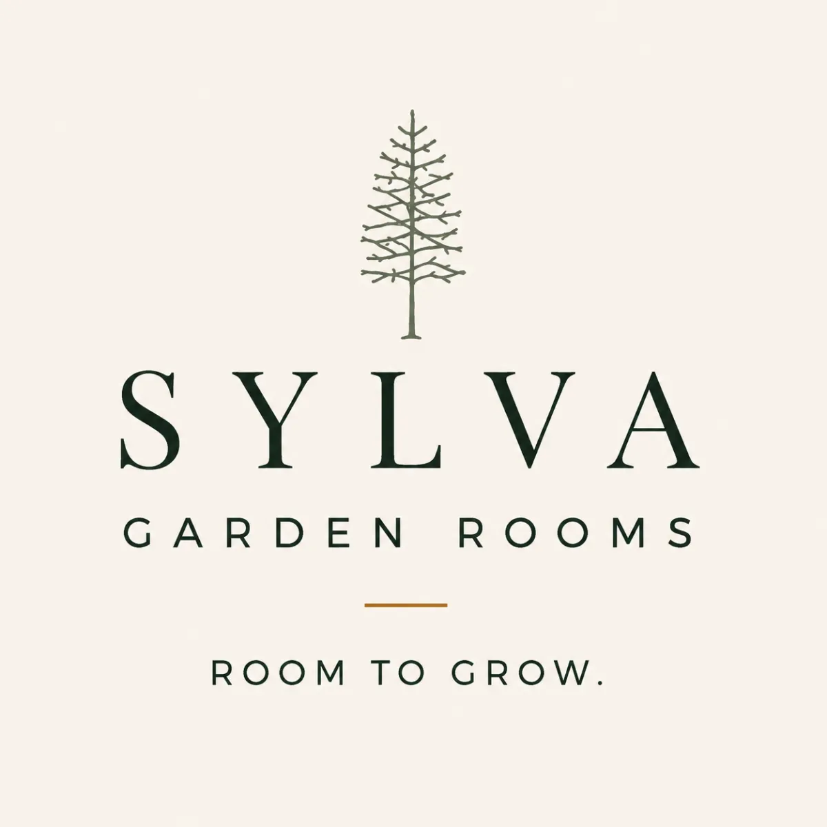 Sylva Garden Rooms logo with pine tree icon stacked above text.