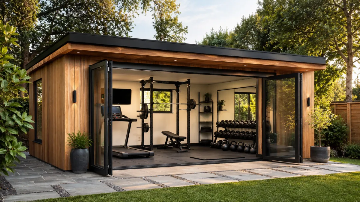 Interior view of a garden room fitted as a home gym, showing weight equipment and a black bench.