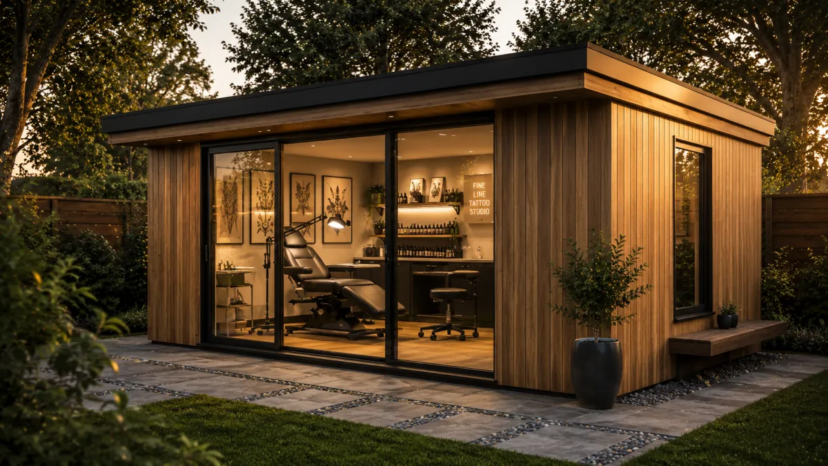 Interior view of a brightly lit garden room styled as a tattoo studio with a blue treatment bed and wooden cabinets.