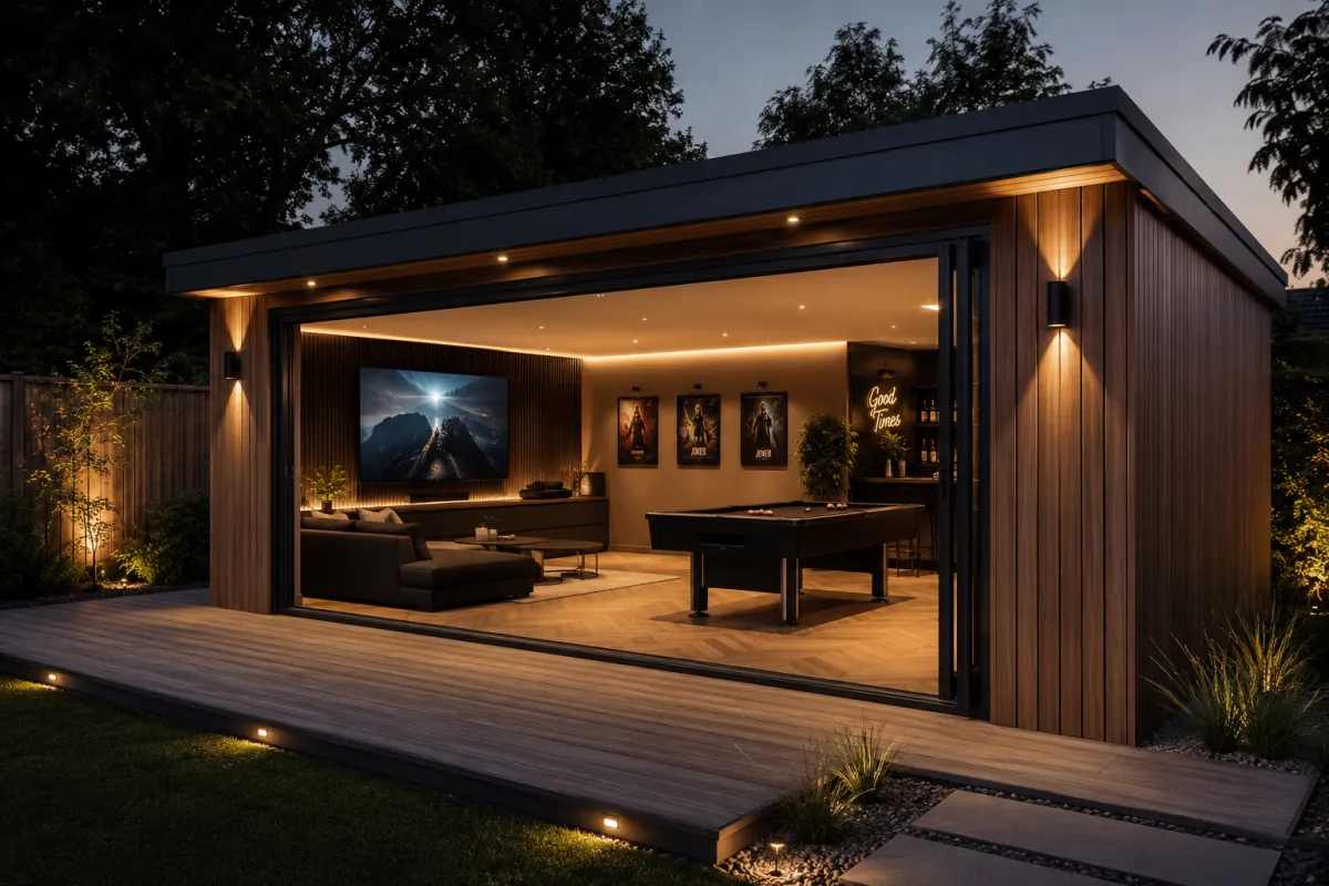 Cozy interior of a garden room used as an entertainment space with a large wall-mounted TV, grey sofa, and warm ceiling lights.