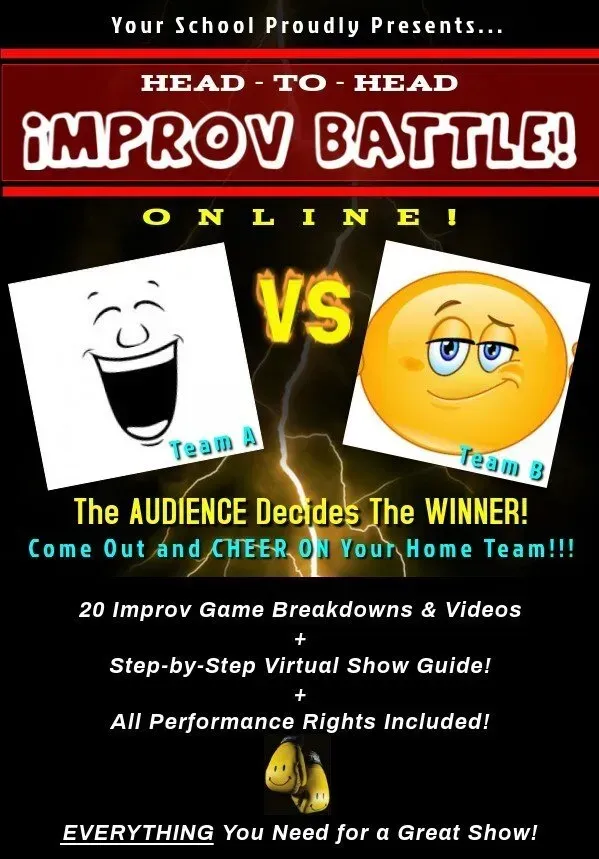 A colorful poster advertising an improv battle, designed with lively imagery and striking fonts to draw in participants and viewers