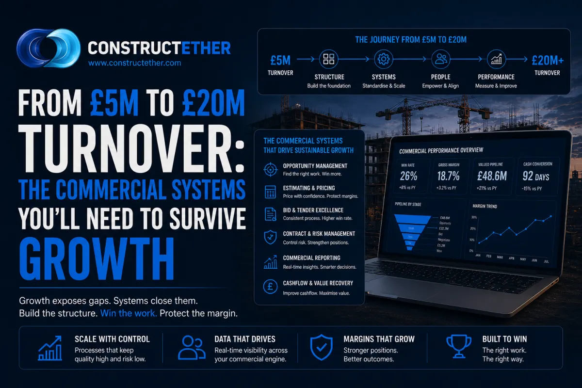 Cyan-blue gradient growth chart from £5m to £20m with orange system milestones along the curve on navy.
