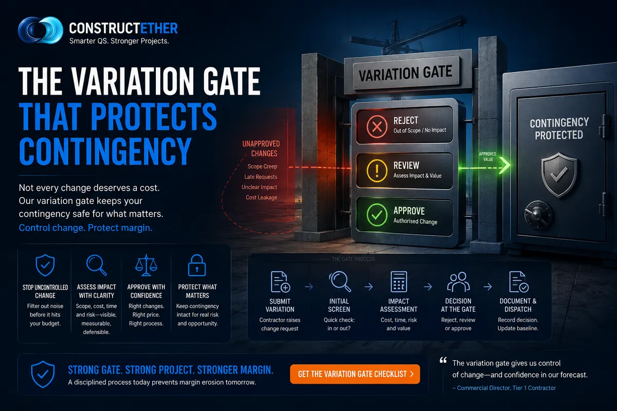 Cyan-blue gradient variation approval gate with change orders queued and an orange contingency marker on navy.