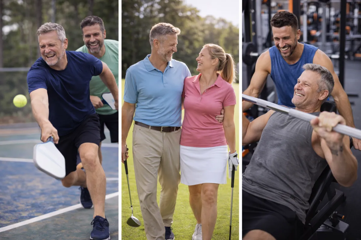 people playing pickleball, golf, and weight training