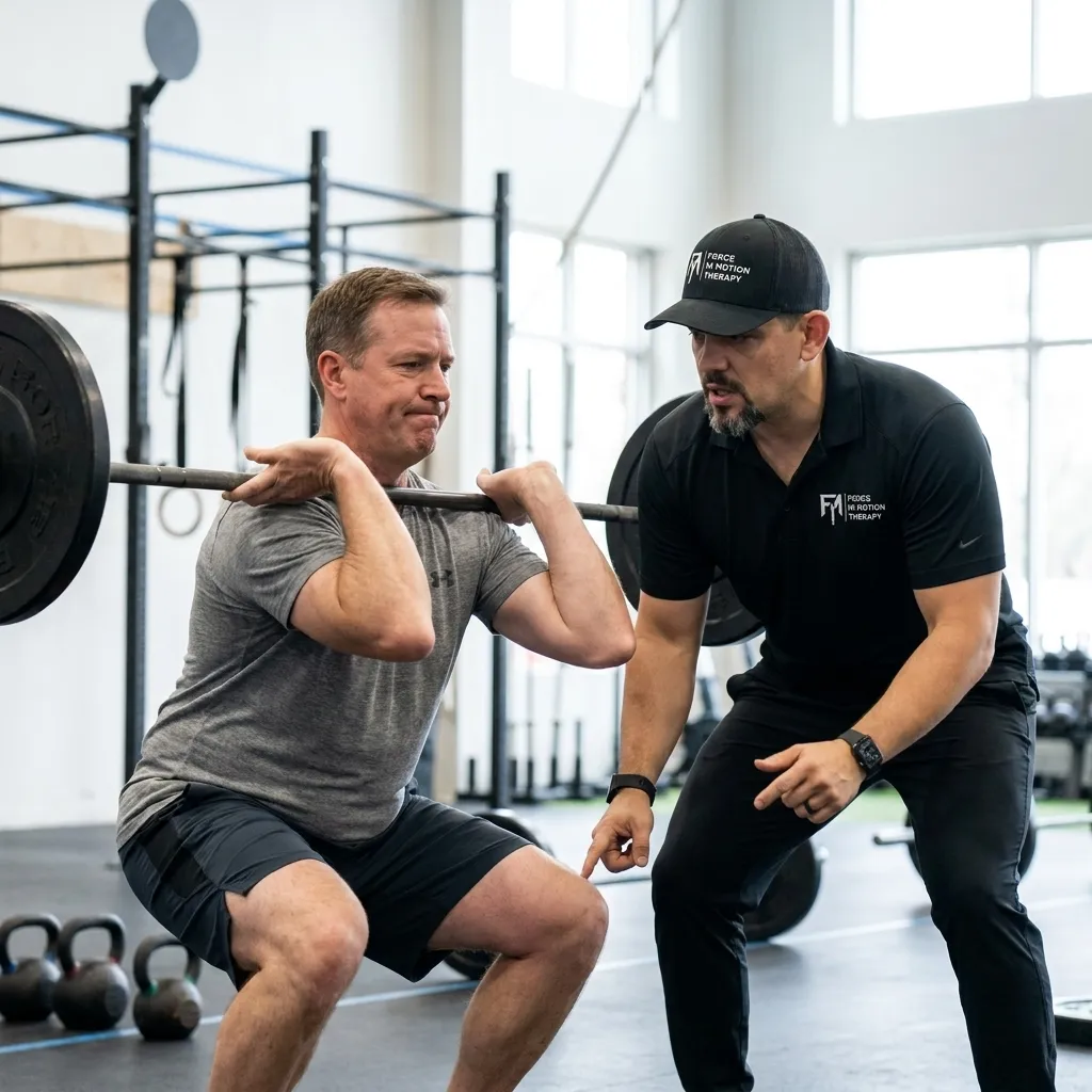 Dr. Matt D’Elia assessing movement during a CrossFit-style squat to help an active adult male recover from a workout-related injury