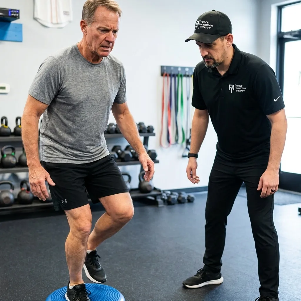 Dr. Matt D’Elia observing an active adult male during a landing and balance drill to identify a sports-related movement issue