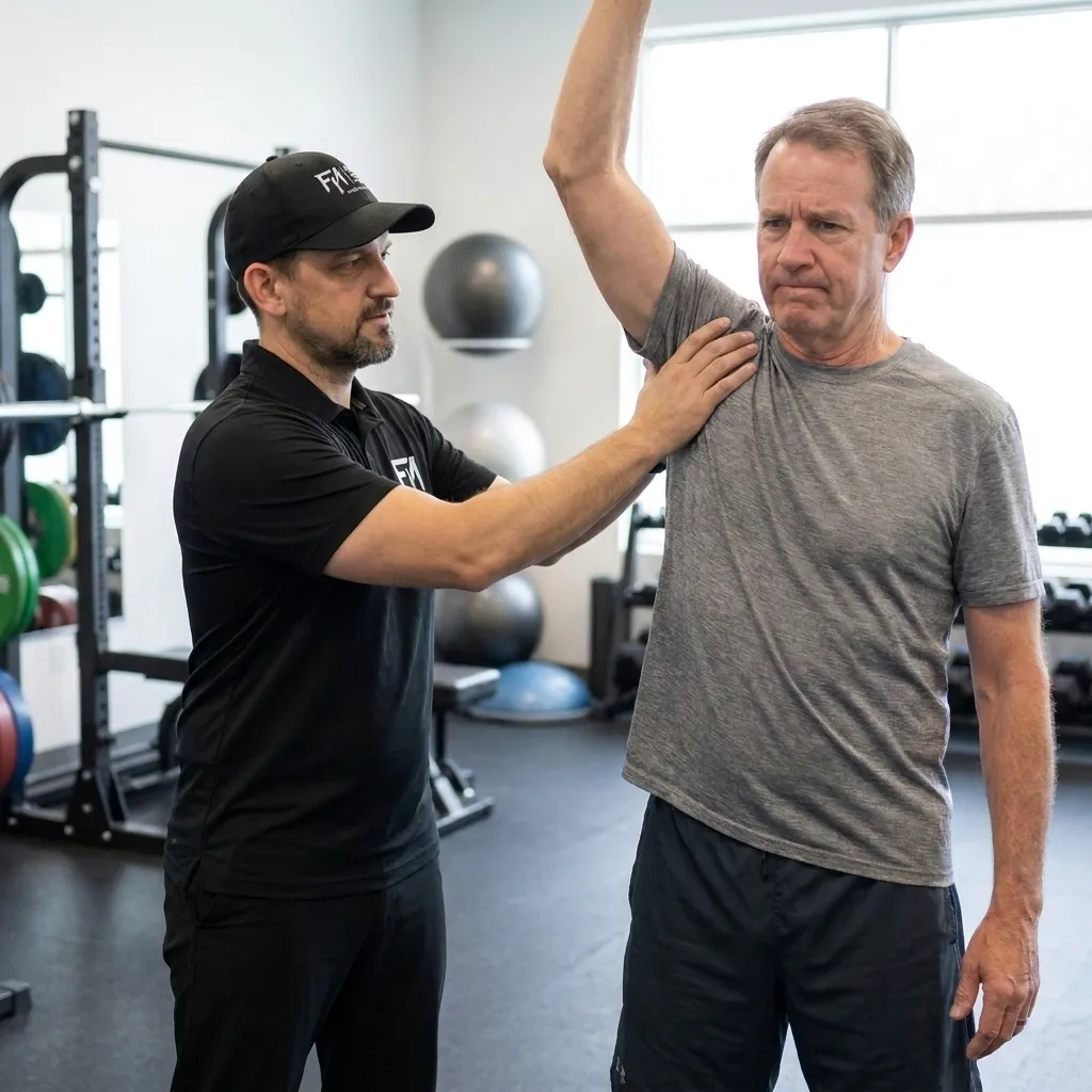 Dr. Matt D’Elia evaluating limited shoulder mobility as an active adult male experiences discomfort during an overhead reach
