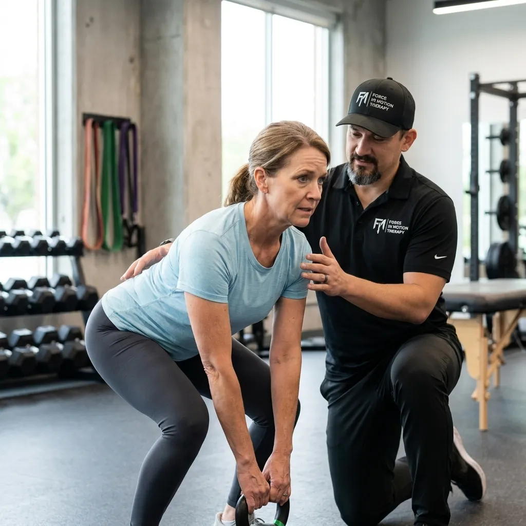 Dr. Matt D’Elia guiding a female patient through a safe movement assessment for lower back pain during a physical therapy session