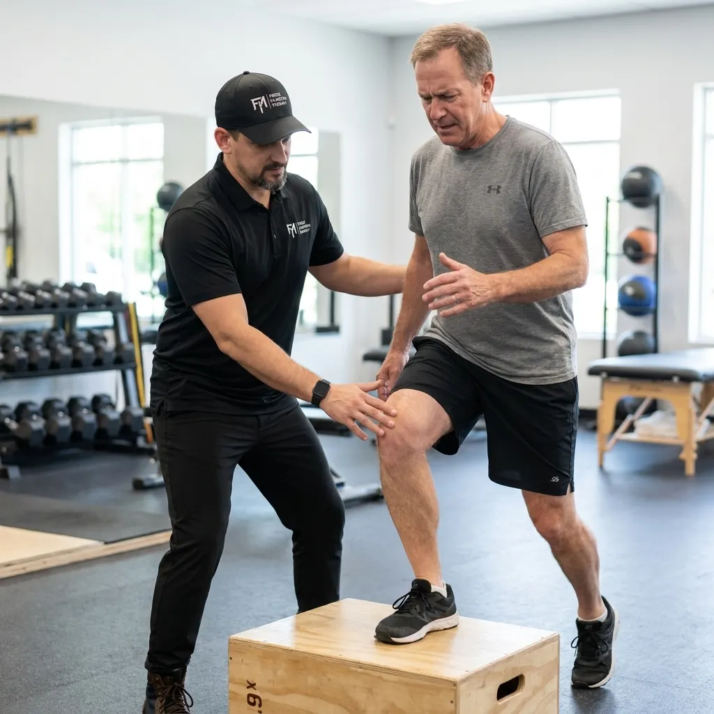 Dr. Matt D’Elia guiding an active adult male through a step-down movement to assess and improve knee pain during physical therapy