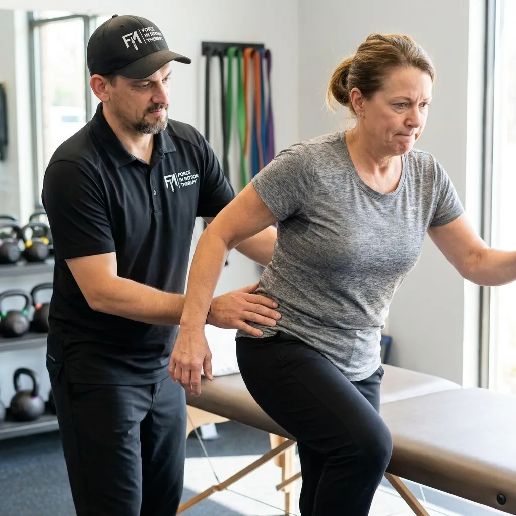 Dr. Matt D’Elia guiding a female patient through a sit-to-stand movement to assess and improve hip pain during physical therapy