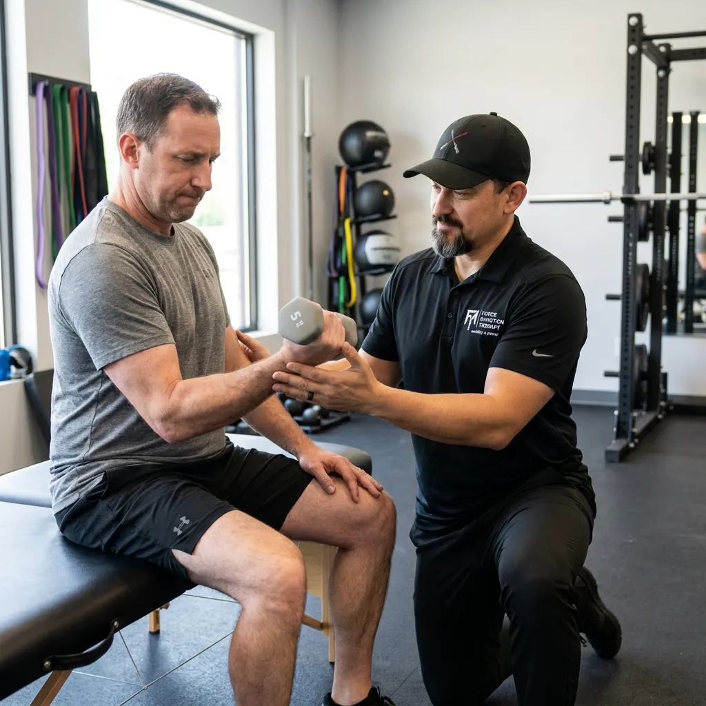 Dr. Matt D’Elia guiding an active adult male through a controlled grip and lifting movement to assess elbow and wrist discomfort during physical therapy