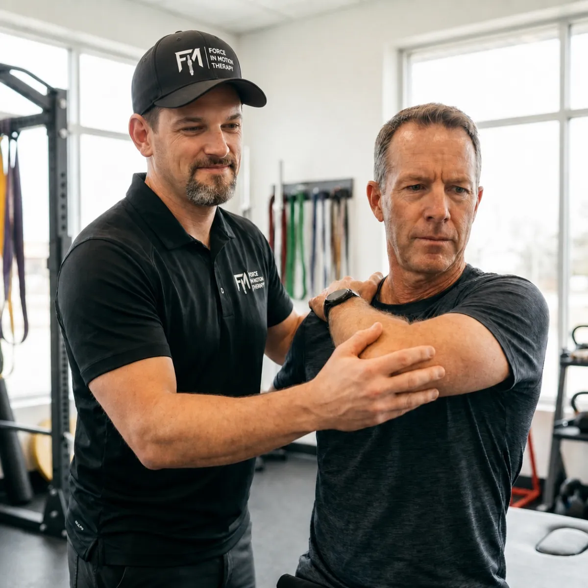 Dr. Matt D’Elia performing a physical therapy shoulder evaluation on an active adult patient in Warwick, Rhode Island