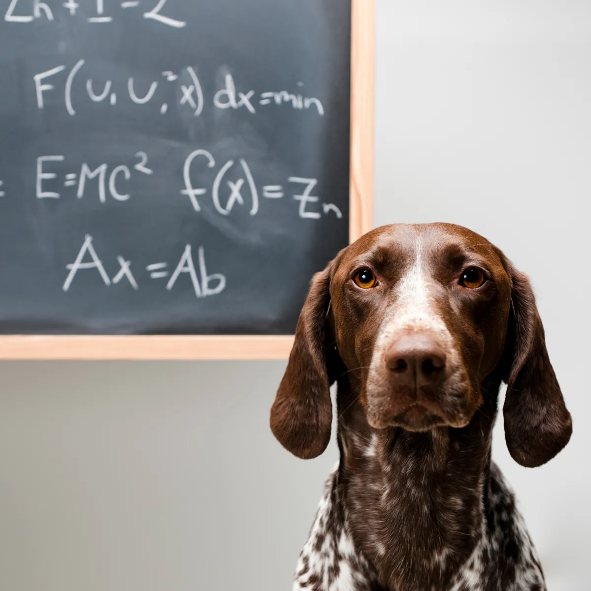 Dog with a thoughtful expression in front of a chalkboard featuring mathematical equations, symbolizing understanding canine behavior and psychology in dog training.