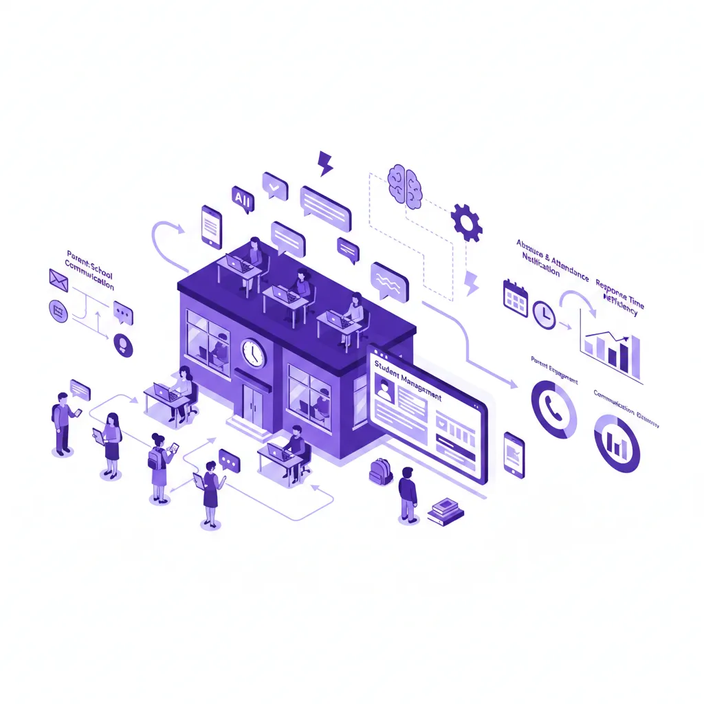 رسم توضيحي (Isometric) يظهر أتمتة اتصالات المدرسة عبر واتساب بيزنس، يتضمن لوحة تحكم لإدارة الطلاب، دردشات آلية (Chatbots)، رسائل إشعار بالحضور والغياب، وتحليلات بيانية لتحسين التواصل بين المعلمين وأولياء الأمور باللون البنفسجي العصري.
