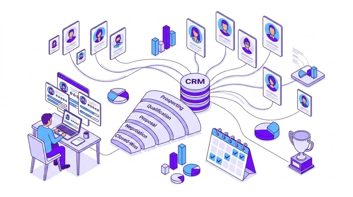 رسم توضيحي (Isometric) لنظام إدارة علاقات العملاء CRM يظهر قمع مبيعات، لوحة تحكم لتحليل البيانات، وتدفق بيانات العملاء نحو قاعدة بيانات مركزية، بألوان البنفسجي والأزرق.