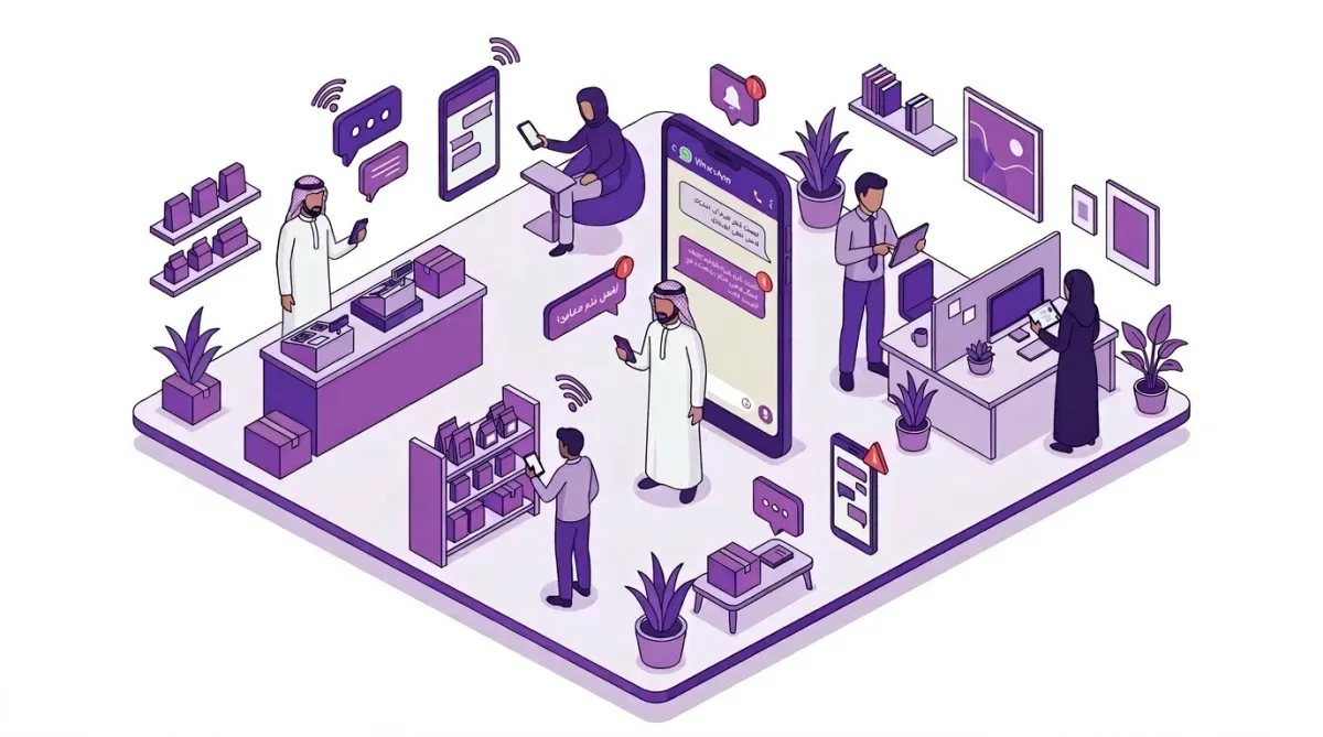 رسم توضيحي (Isometric) بنمط فلات ديزاين لمتجر ومكتب عصري في السعودية، يظهر أصحاب مشاريع صغيرة يتواصلون عبر واجهة تطبيق واتساب على الهواتف الذكية، مع خلفية بيضاء وتدرجات اللون البنفسجي والأرجواني، يعكس بيئة عمل تقنية وتفاعلية.