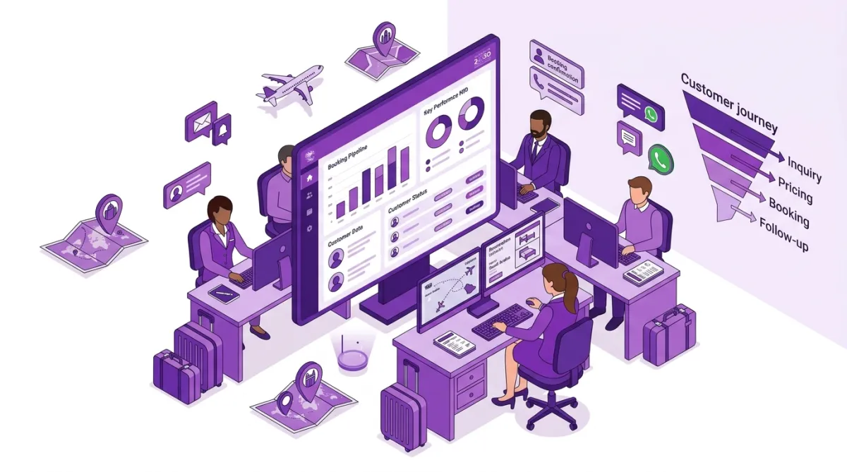 رسم توضيحي لوحة تحكم CRM لشركة سياحة وسفر في السعودية، يظهر إدارة الحجوزات، قمع رحلة العميل، وأيقونات طيران وتواصل، بتصميم بنفسجي عصري متوافق مع رؤية 2030