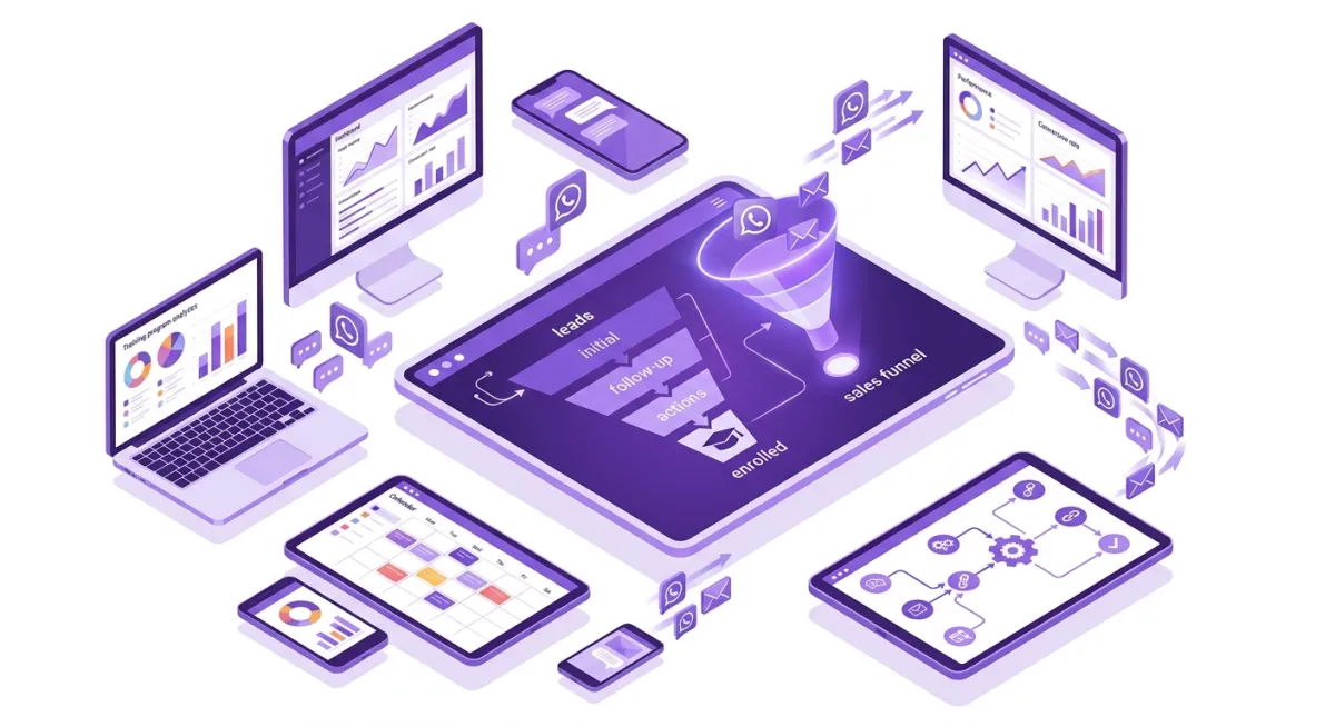 رسم توضيحي متماسك مسطح يعرض نظام إدارة علاقات العملاء لمركز التدريب (CRM)، يصور شاشة لوحة تحكم كبيرة بها مراحل تدفق المبيعات، وميزات الاتصال الآلي عبر واتساب والبريد الإلكتروني، وتصور قمع المبيعات، ورسوم بيانية لتحليلات البرامج التدريبية، وتقويم يوضح الدورات المجدولة.