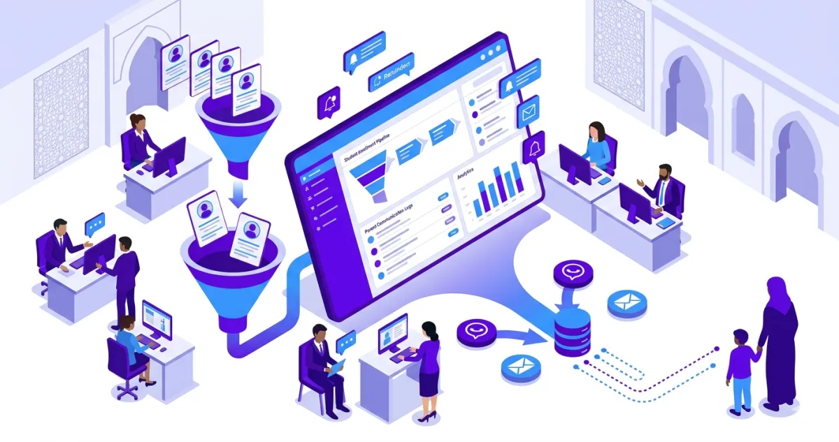 رسم توضيحي أيزومتري لنظام CRM تعليمي للمدارس الخاصة، يظهر واجهة إدارة تسجيل الطلاب، قنوات التواصل، وفريق عمل مدرسي بزي رسمي، مع خلفية معمارية بلمسة عربية وألوان أرجوانية وزرقاء.