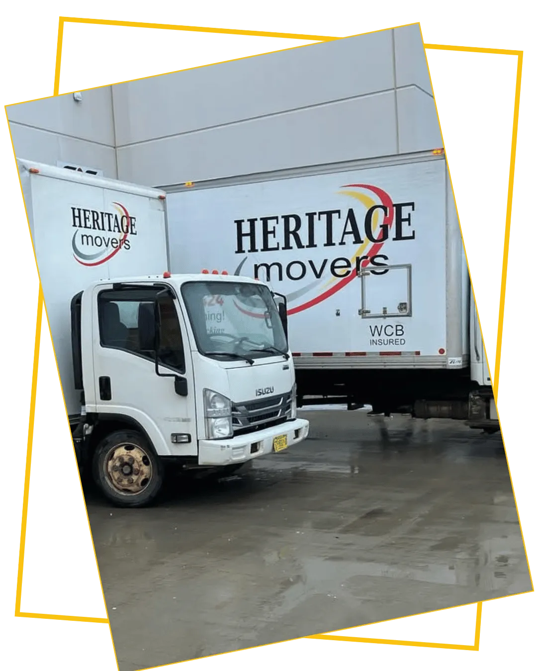 Heritage Movers trucks parked outside their Dartmouth, Nova Scotia warehouse, ready for warehousing, logistics, and final-mile delivery services.