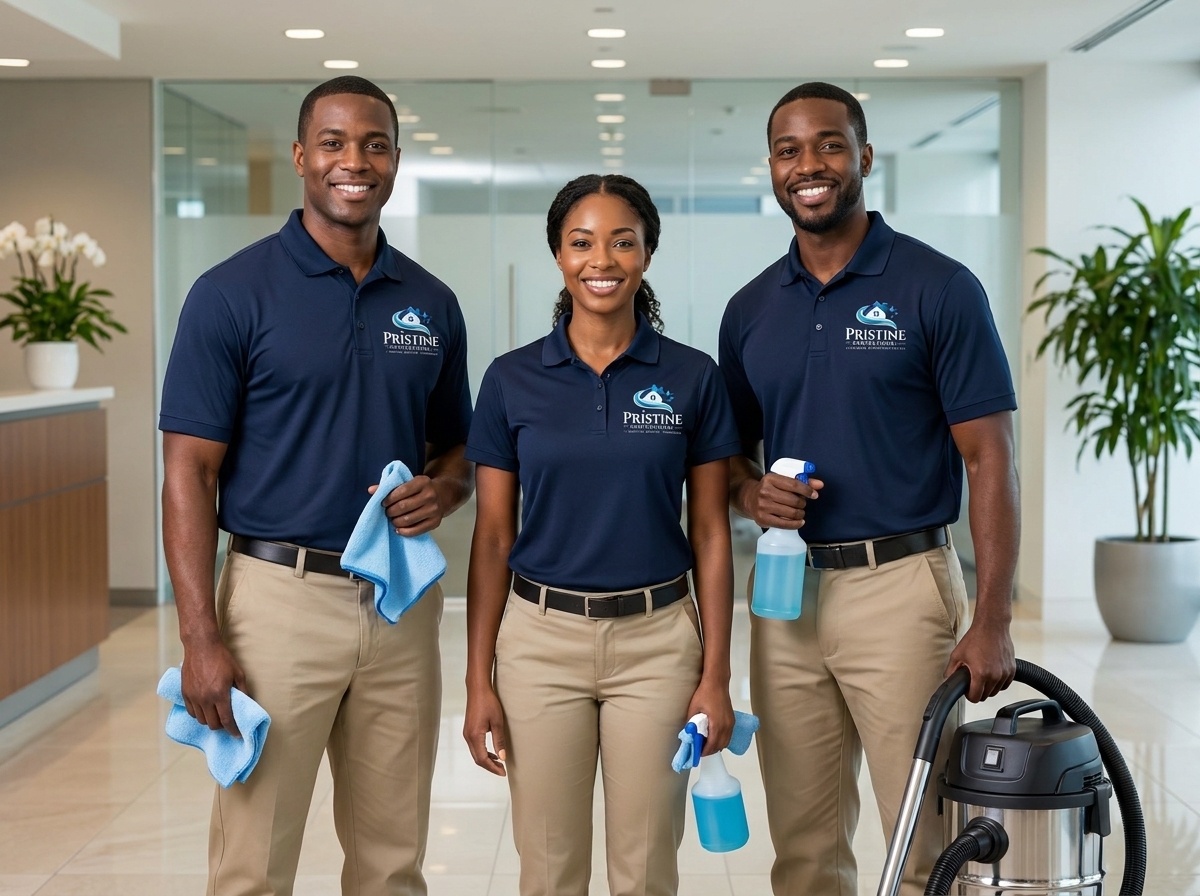 Professional Pristine cleaning technician in crisp uniform with modern clinical sanitization equipment