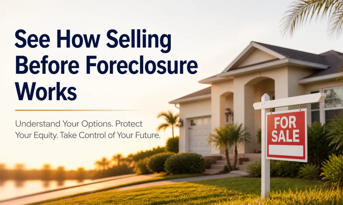 selling before foreclosure Florida home with for sale sign and homeowner options concept