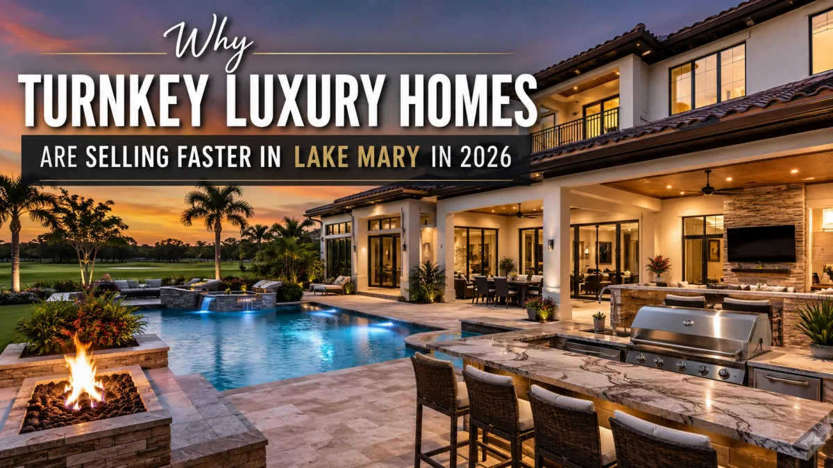 Modern turnkey luxury home in Lake Mary Florida with resort-style pool, outdoor kitchen, and luxury outdoor living at sunset in 2026.