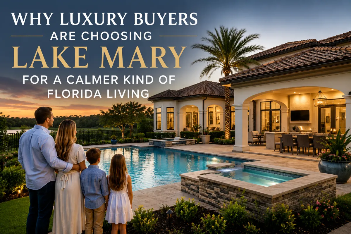 Luxury family home in Lake Mary Florida with resort-style pool, outdoor living area, and upscale landscaping in a gated community