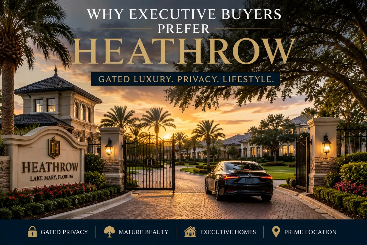 Luxury gated community entrance in Heathrow Florida featuring executive homes, palm-lined streets, upscale landscaping, and private luxury living near Lake Mary