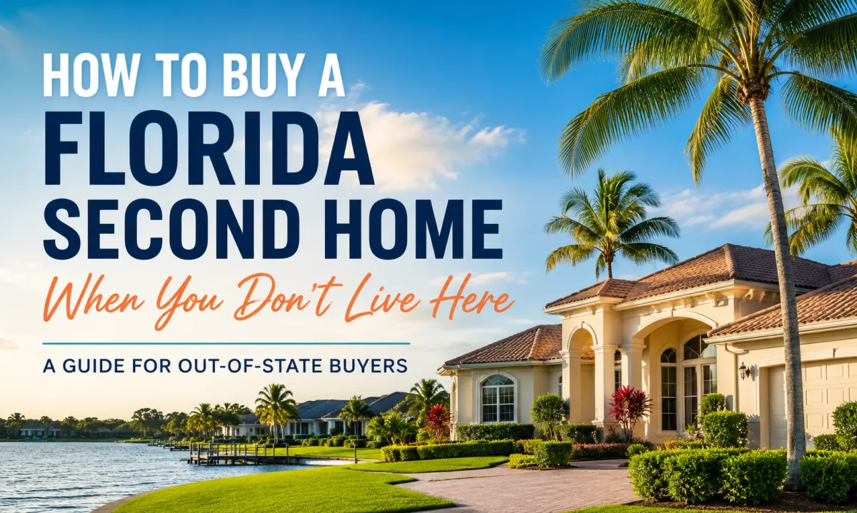 Florida waterfront second home with palm trees and upscale landscaping, illustrating how out-of-state buyers can purchase a Florida vacation or retirement home remotely.
