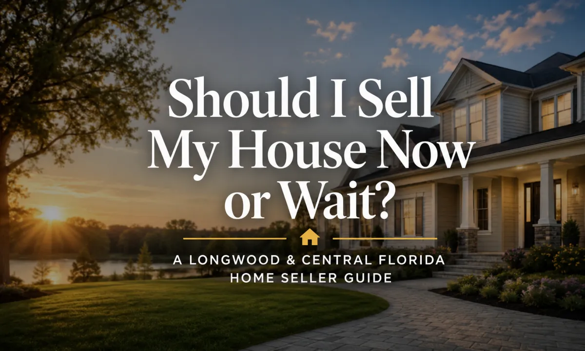 Luxury Central Florida home at sunset illustrating the decision Longwood homeowners face when determining whether to sell their house now or wait for future market conditions.