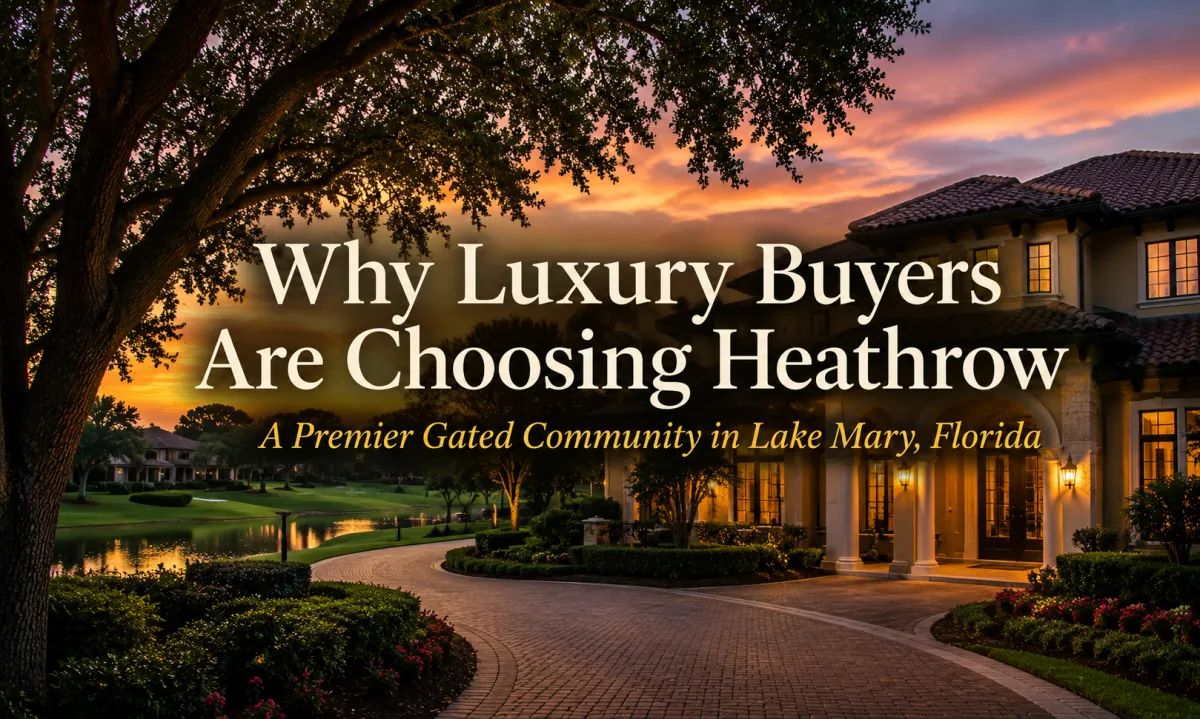 Luxury home in Heathrow, Lake Mary, Florida showcasing Mediterranean architecture, mature oak trees, golf course views, and the upscale lifestyle that attracts luxury home buyers to Central Florida.