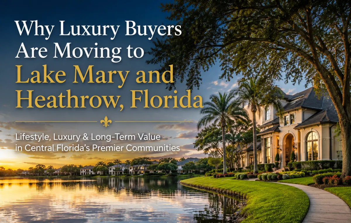 Luxury waterfront estate in Lake Mary and Heathrow, Florida at sunset, showcasing executive homes, mature landscaping, and the upscale lifestyle attracting luxury buyers to Central Florida.