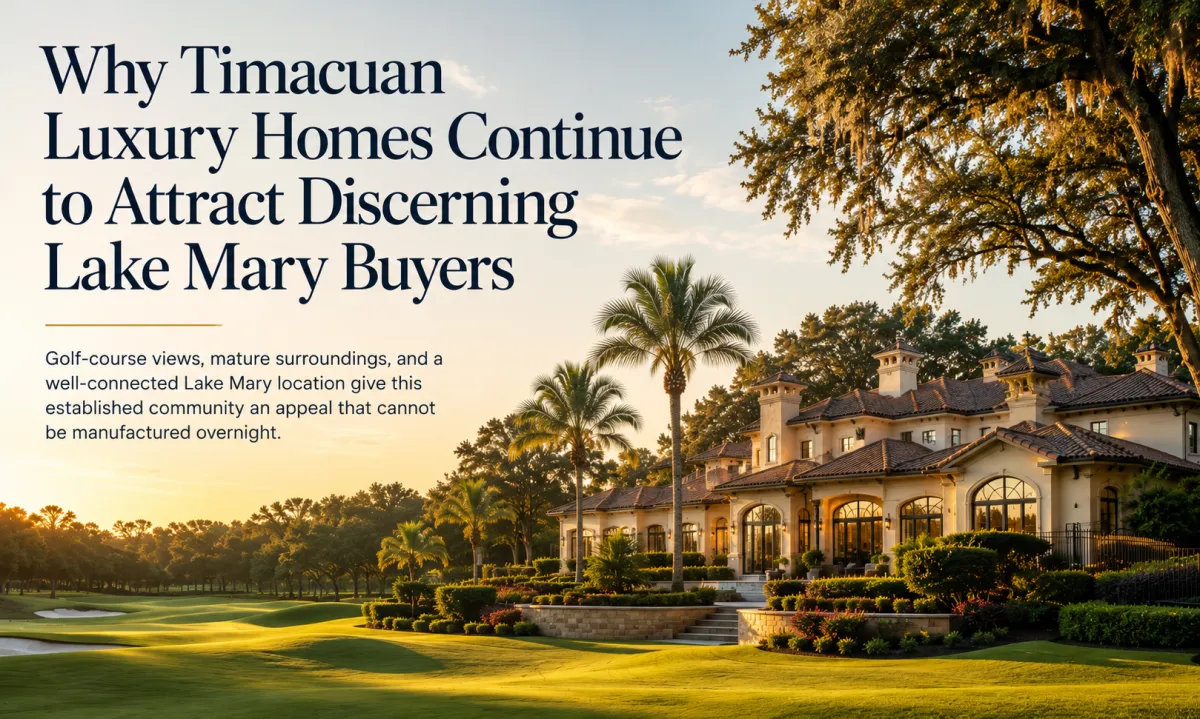 Luxury estate home overlooking the Timacuan Golf Club fairway in Lake Mary, Florida, showcasing Mediterranean architecture, mature landscaping, and sunrise views for a guide to Timacuan luxury homes.