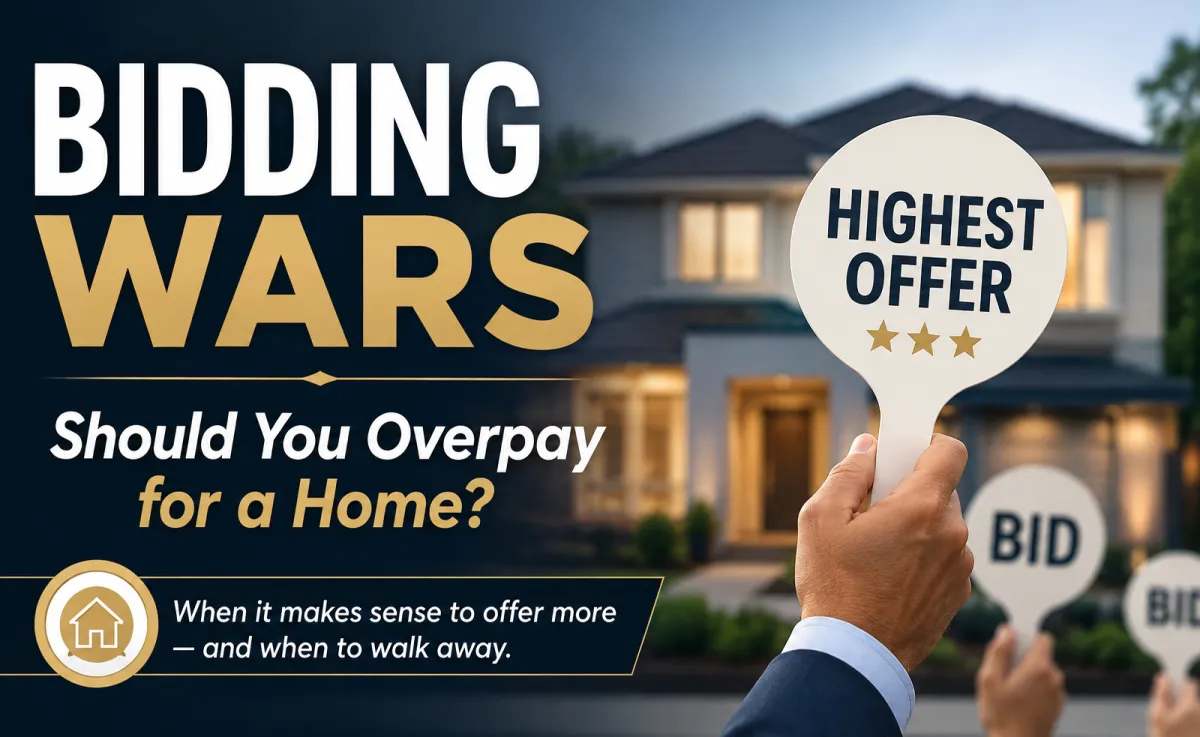 Real estate bidding war graphic showing competing offers on a home, illustrating when a buyer may consider offering more and when it may be better to walk away.