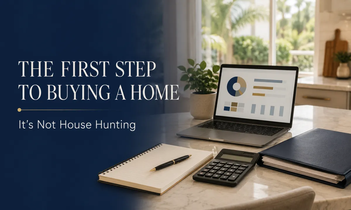 Laptop, calculator and notebook illustrating financial preparation as the first step to buying a home in Florida.