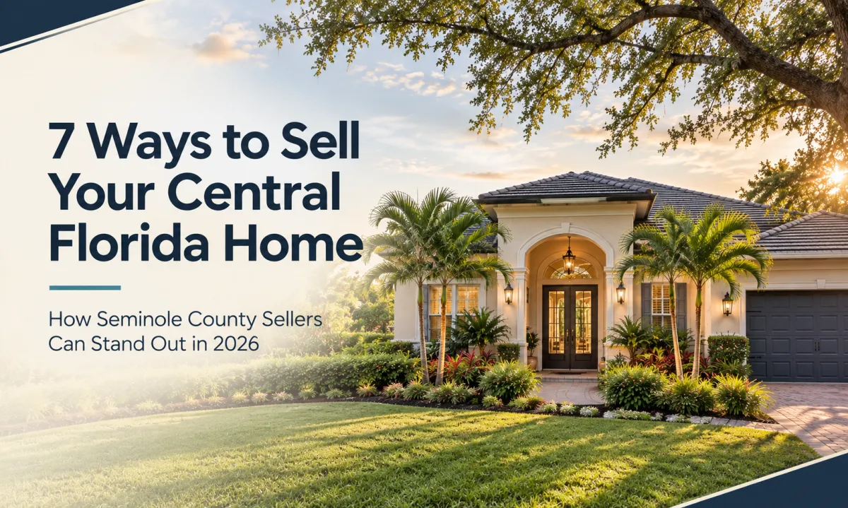 Certainly Sold Central Florida home selling guide featuring an upscale Seminole County, Florida home exterior with Mediterranean-style architecture, mature oak trees, palm landscaping, and warm evening light.