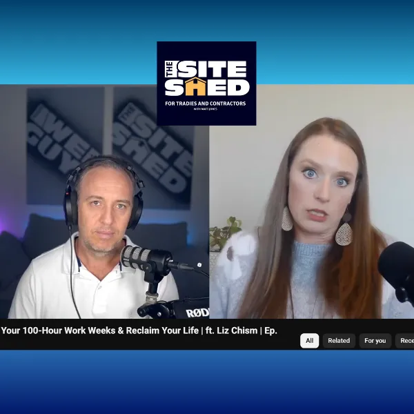 Split-screen image of podcast host Matt Jones and guest Liz Chism during an episode of The Site Shed Podcast.