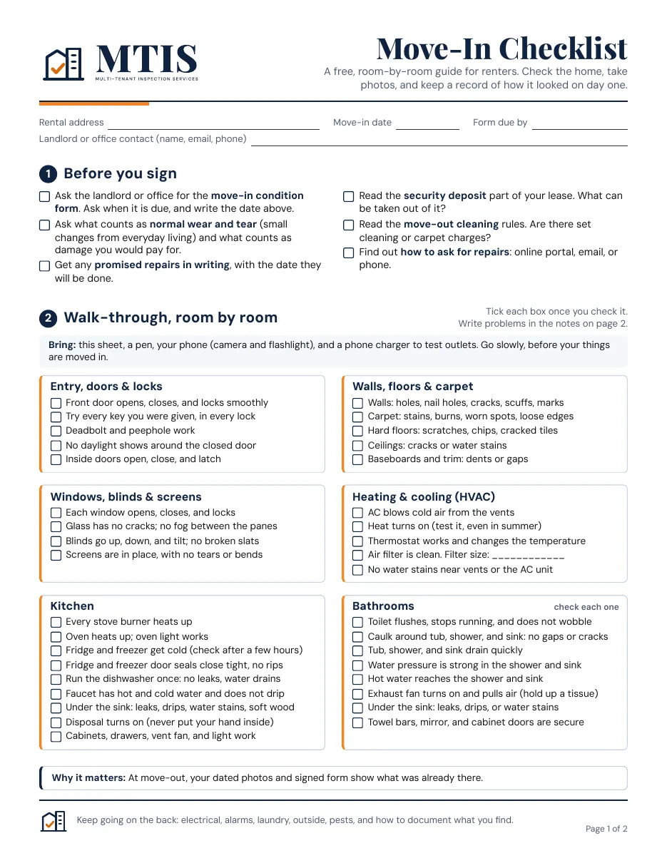 Page 1 of the free MTIS Move-In Checklist for renters