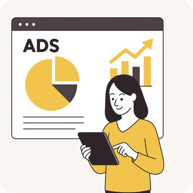 Illustration of a woman reviewing digital ad performance data on a tablet, with a chart and “ADS” on screen—representing Teljay Marketing’s Facebook and Google Ads campaign management services.
