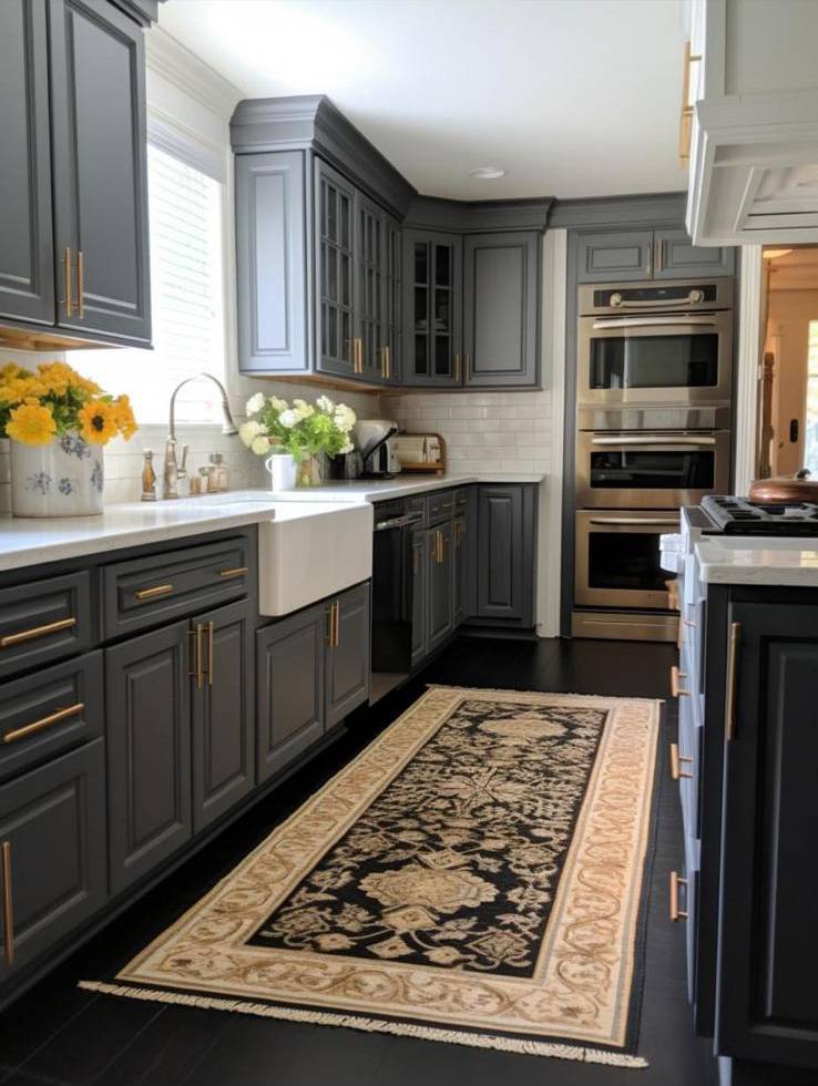 Kitchen remodel with dark gray cabinetry, brass hardware and farmhouse apron sink